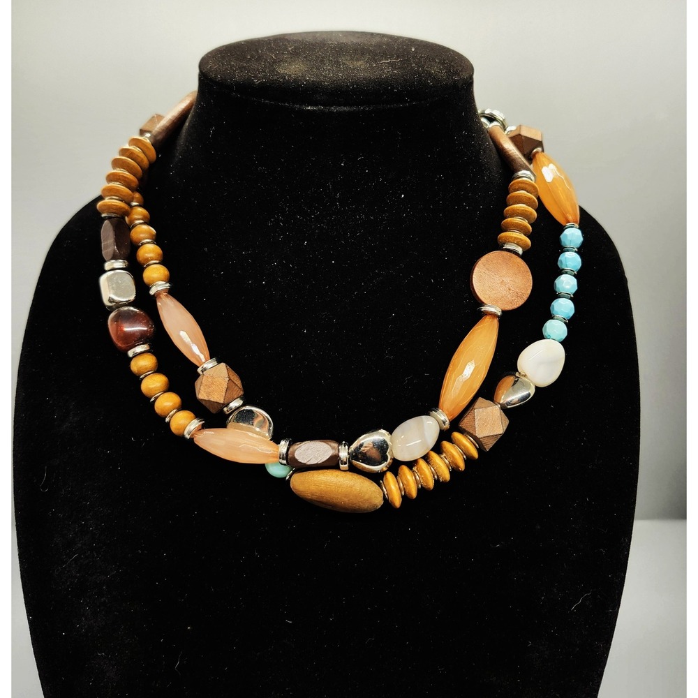 Boho Multistrand Wood Beaded Statement Necklace Earth Tone Chunky Fashion
